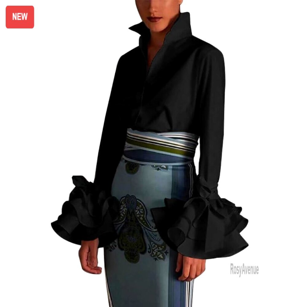 Long Sleeve Button Down Blouse Flared Sleeves Wor… - image 1